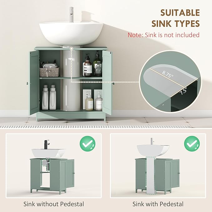 HOMCOM Under Sink Bathroom Cabinet, Pedestal Sink Storage Cabinet with 2 Doors, Shelf and U-Shape, Dark Green