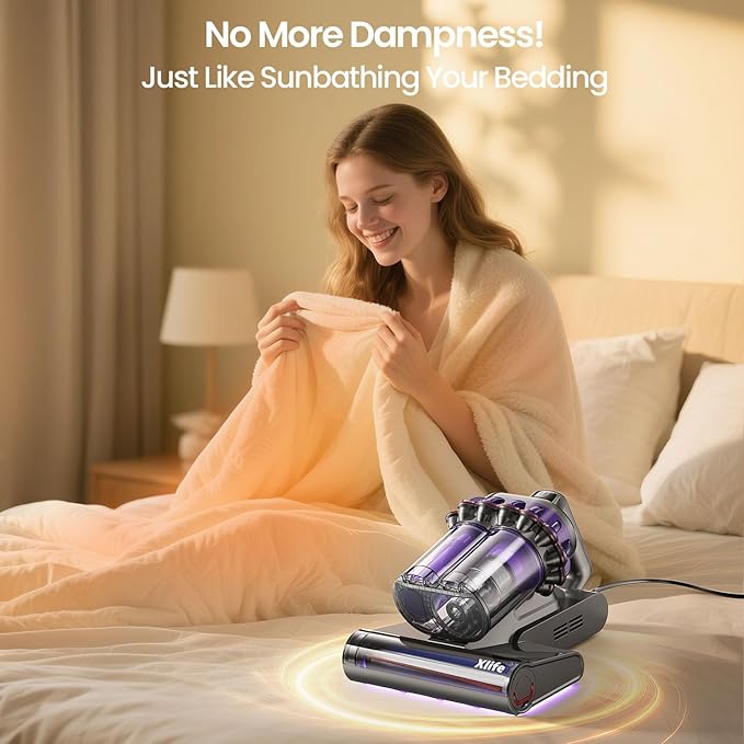 Xlife Mattress Vacuum, Bed Vacuum Cleaner with 2 Roller Brushes for Pet Hair, 253.7nm UV-C Light, 140F° Heating, 550W 16KPA Suction, HEPA Filter Couch Vauum for Bed, Sofa, Pillow, Baby Crib (Corded