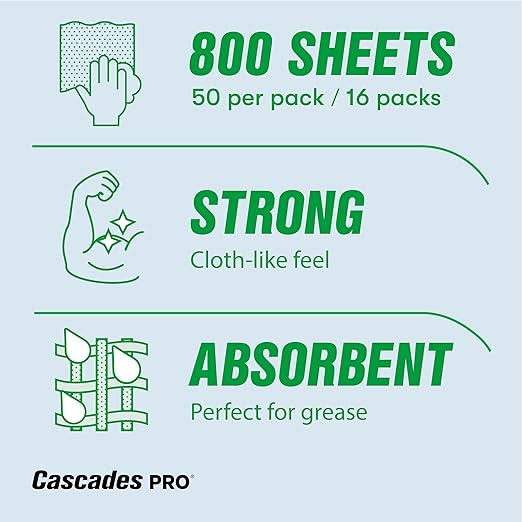 Cascades PRO Tuff-Job Wipers – 800 Sheets Airlaid 1-Ply Disposable Wipes – Highly Absorbent for Industrial, Automotive, and Janitorial Cleaning – 50 Sheets/Pack, 16 Packs/Box – W300 – White