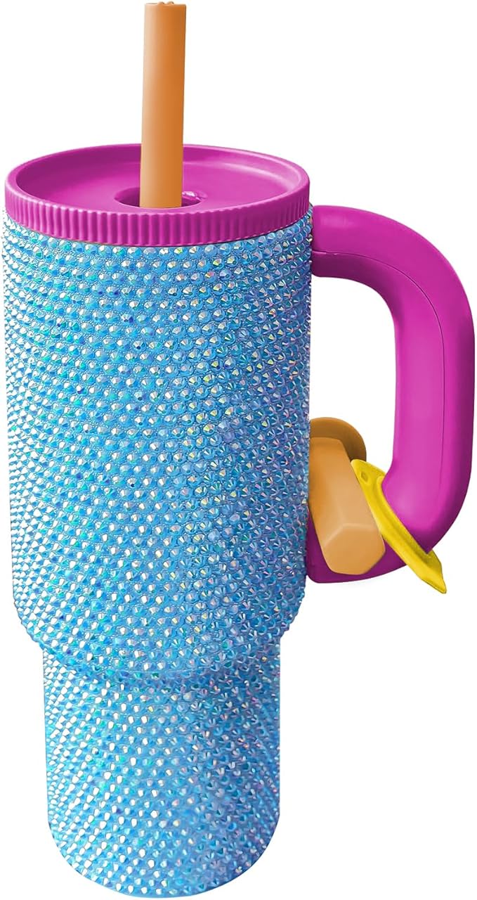 HWISDMIG 40oz Tumbler with Handle-Glitter Rhinestones Tumbler Bling Cups Stainless Steel Water Bottle Diamond Studded Tumbler for Women-Birthday Gifts for Women, Mom, Girlfriend (Aqua Gleam)