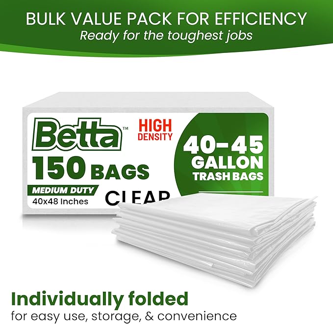 Betta 40-45 Gallon Clear High-Density Trash Bags, 150 Count Box, (40x48-inch) Commercial Medium-Duty Garbage Can Liners