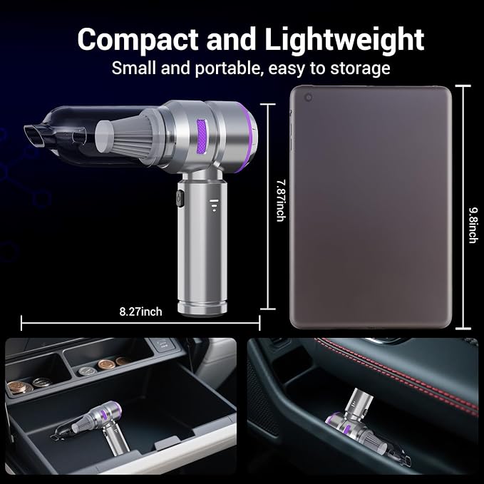 Car Vacuum Cordless, Mini Handheld Vacuum Cleaner 21000Pa, <1 lb Ultra Lightweight, 2-in-1 Vacuum & Blower, USB-C Fast Charging, for Car Pet Hair Dirt Crumbs - Washable Filter