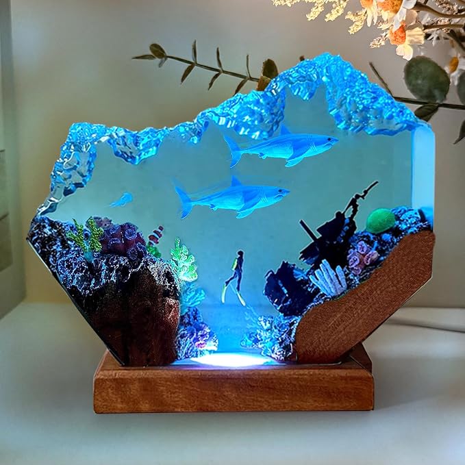Shark Resin Lamp, Scuba Diving Resin Ocean Lamp,Handmade Shark Decor Bedside Nightlight with Wooden Base, RGB Mode, Ocean Lovers Collectibles, Gifts for Christmas,Birthday Holiday (L 10"X6")
