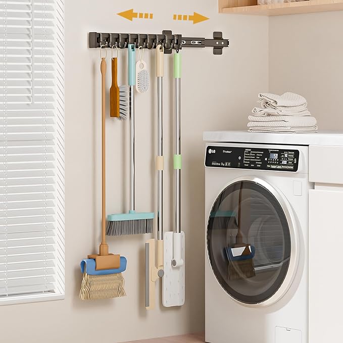 Pull Out Broom Holder With 9 Adjustable Sliding Hook, Multifunctional Slide Broom And Mop Storage/Organizer Garage Organization Hooks, for Closet Laundry - Dark grey- 41cm/16.14inch