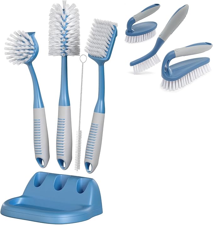 Dish Brush Set of 5 with Convenient Holder, Kitchen Scrub Brushes Non Slip Long Handle for Sink Dishes Cup Pot + Trazon 3-Piece Scrub Brush Set - Blue
