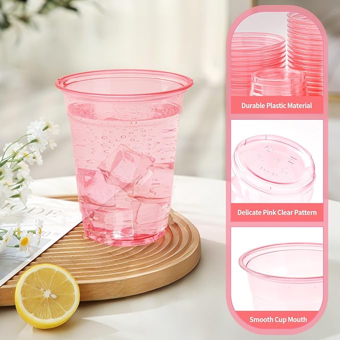 200 Pack Pink Clear Plastic Cups 12 oz Disposable Drinking Cups for Wedding Pink Birthday Party Supplies