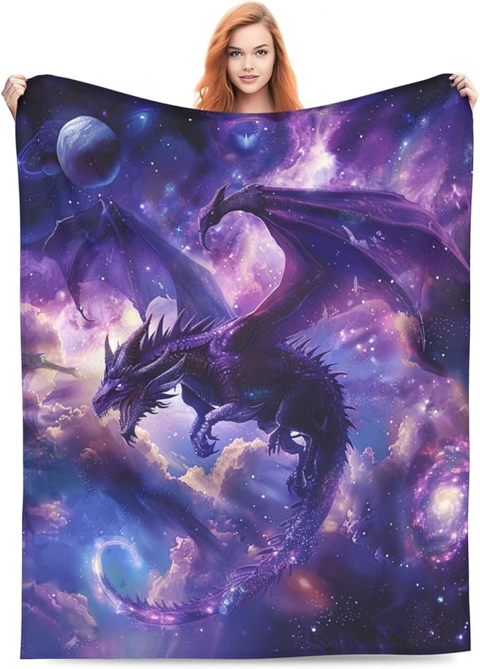 Space Dragon Blanket Blue Cool Dragon Decor Throw Blanket Cozy Plush Flannel Fleece Warm Soft Lightweight Fuzzy Blanket Dragon Lovers Gifts for Boys Girls Teens Women for Bed Sofa Couch 50"X60"