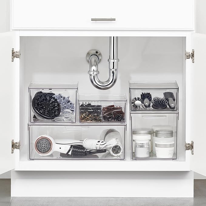 mDesign Plastic Stackable Bathroom Storage Organizer Bin Containers with Front Pull Drawer for Bathroom Countertop, Vanity, Closet Shelves - Holder for Beauty Accessories - Lumiere Collection - Clear