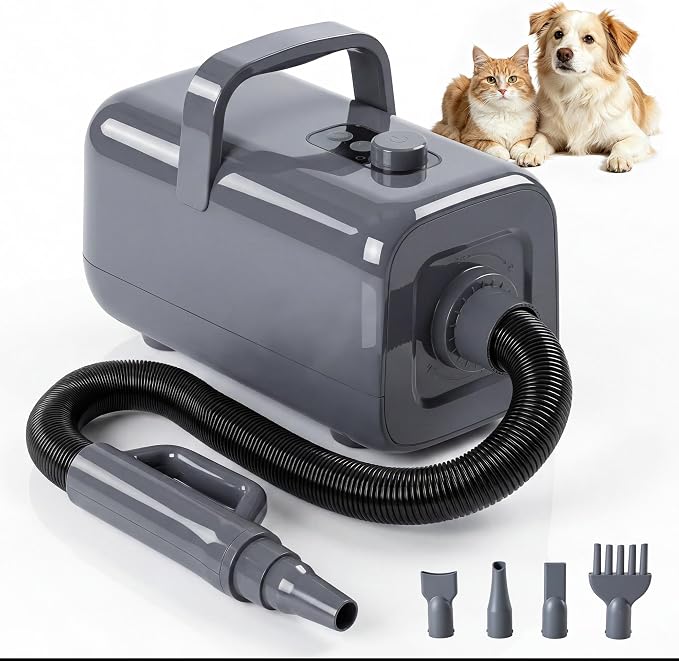 DUMOS Pet Grooming Blow Dryer, Low Noise Dog Hair Dryer with Adjustable Wind Speed & Heater Temperature, Cool-Warm-Hot Cycle Mode, 4 Nozzles, 6.5 FT Cord, Grey