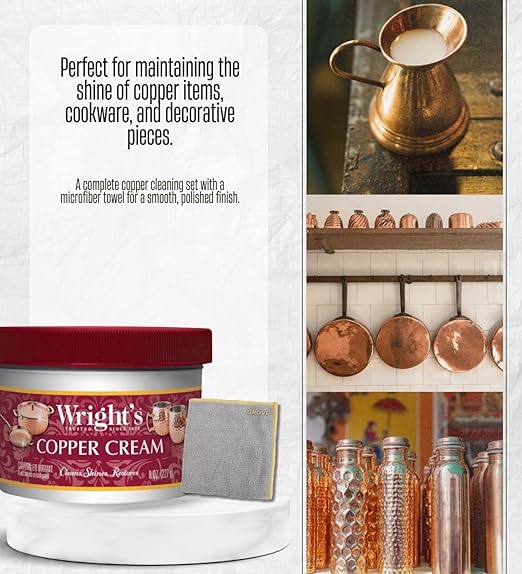 2x Wright's Mild Scent Copper Cleaner 8 oz Cream Bundle with Microfiber Auto Cleaning Cloth – Removes discoloration and restores shine on copper cookware and decor – Gift Set (3 Items)