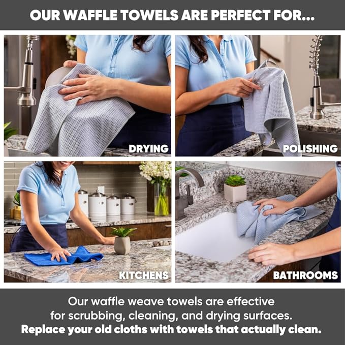 Kitchen Towels - Microfiber Waffle Weave Towels | Absorbent, No Lint, Thick, Reusable, Commercial, Soft, Hand, Tea, Glass, Bar, Sublimation Blank, Polyester Cloths (White, 16 x 16 (6 Pack))