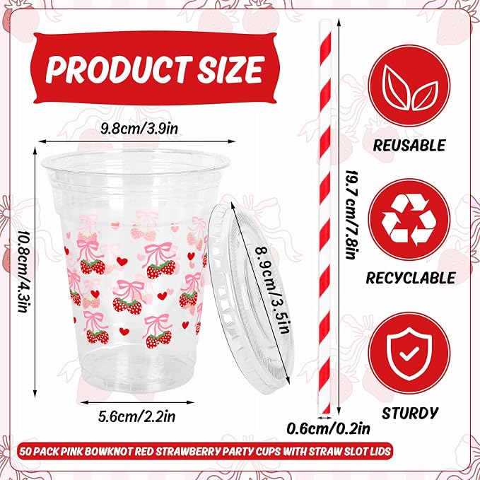 JarThenaAMCS 50Pcs Pink Bow Strawberry Disposable Plastic Cups with Lids and Straws 12Oz Cute Bowknot Strawberry Cold Beverage Drinking Cups for Summer Birthday Wedding Party Supplies