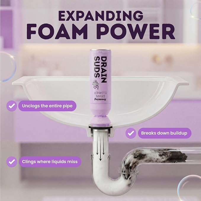 SonicPower Foaming Drain Cleaner, Foam Sink Cleaner and Deodorizer, Drain Clog Remover for Kitchen Sinks, Bathrooms, Garbage Disposals, Shower Drains, Tubs, Washbasin (Lavender (1 Pack))