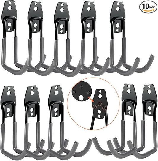 3-H Garage Wall Hooks 10 Pack,Garage Hooks Heavy Duty,Garage Storage Hooks for Hanging and Organizing Garden,Lawn,Yard Tools,Chairs,Ladders,Weed Eater,Shovel,Blower(Gray)
