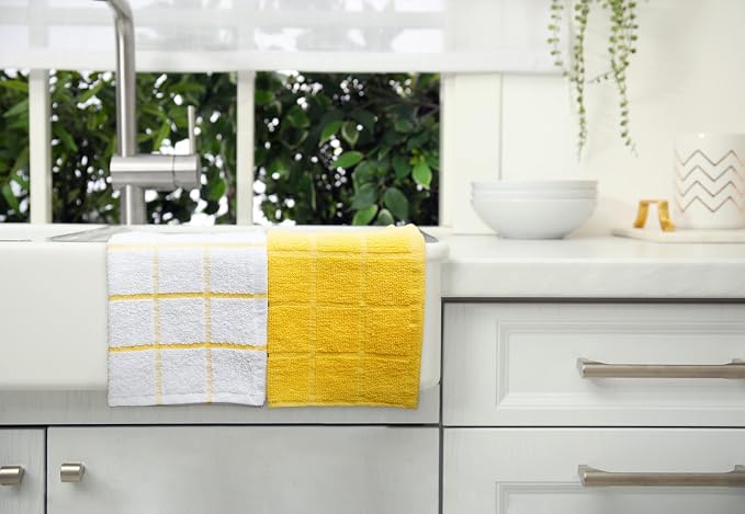 100% Cotton Terry Dish Cloth & Dish Towel, 8 Pack, Super Soft and Absorbent Kitchen Towels, Perfect for Kitchen Cleaning and Dish Washing (Yellow (Solid and Checks) 8 Pack)