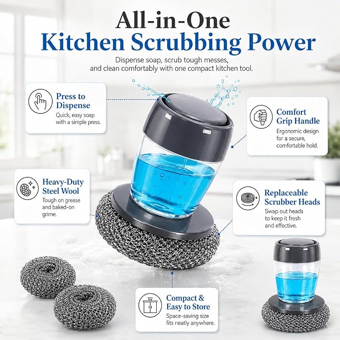 Soap Dispensing Palm Brush Set, 2 Pack Dish Scrubber with Soap Dispenser and 6 Replacement Steel Wool Pads, Press Top Kitchen Scrub Brush for Dishes Pots Pans Sink Cleaning