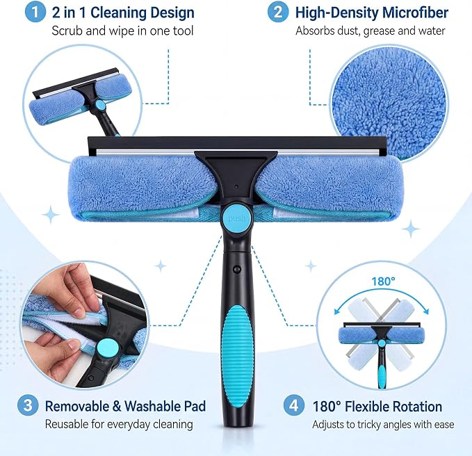 4 Pcs 11" Swivel Window Squeegee and Microfiber Scrubber 2 in 1 Cleaning Washer Cleaner Supplies for Windows, Shower Rooms, Car Windows, Without Extension Pole
