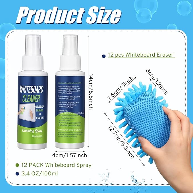 Fuyoooo 24 Pcs Whiteboard Cleaner and Eraser 3.4 Fl oz Whiteboard Cleaning Spray with Dry Erase Eraser Microfiber Shag for Markers Classroom, Home and Office Use