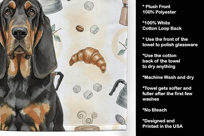 Caroline's Treasures Black and Tan Bloodhound Coffee Bar Kitchen Towel Velour Plush Front and Cotton Loop Back Machine Washable