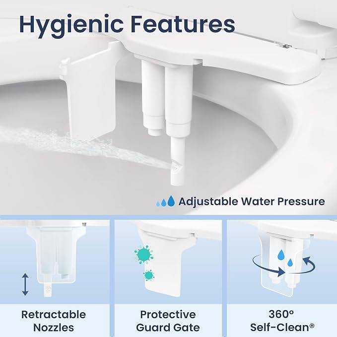 LUXE Bidet NEO 185 Plus - Dual Nozzle, Non-Electric Bidet Attachment for Toilet Seat, Patented Slide-In Install, 360° Self-Clean, EZ-Lift to Clean, Feminine & Rear Wash (White)