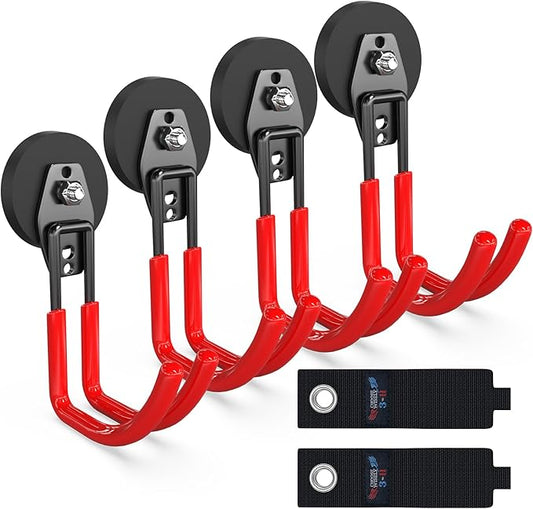 3-H Extra Strong Magnetic Hooks,Heavy Duty Large Anti-Slip Magnet Hooks J Shape,No-Drill Tool Holder for Garage,Power Drill,Garden Tools,Hose Storage,4 Pack Red