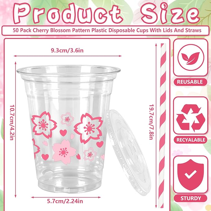Whaline 50 Pcs Pink Cherry Blossom Plastic Cups with Lids and Straws Heart Sakura Clear Plastic Cups 12 Oz Disposable Cup for Spring Wedding Birthday Party Supplies