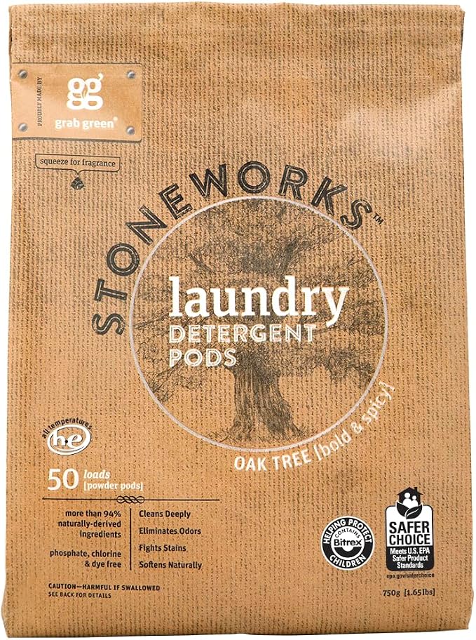 Grab Green Stoneworks Laundry Detergent Pods, 50 Count, Oak Tree | EPA Safer Choice; Plant & Mineral-Based; Fights stains; Eliminates odors; Softens naturally; No Harsh Chemicals