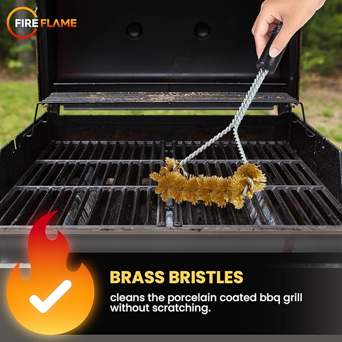 Fireflame BBQ Grill Brush – Non-Scratch Brass Bristles - 16-Inch Long Handle Barbecue Grill Cleaning Brush - Wide-Faced Spiral Heavy-Duty – Made in The USA