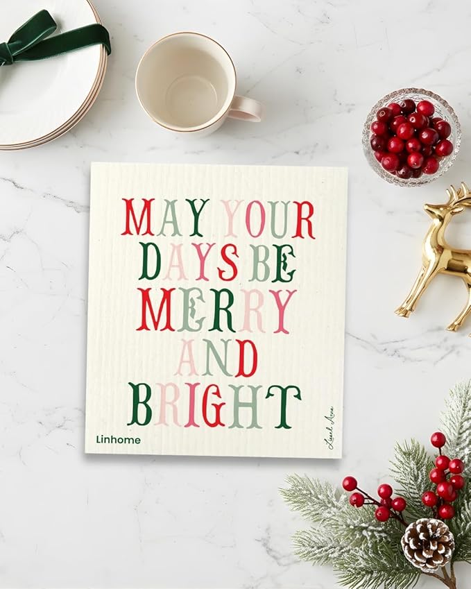 Christmas Holiday Swedish Dishcloth, Reusable Paper Towel, Super Absorbent Cellulose Sponge, Washable Kitchen Cleaning Cloth (Merry & Bright - 1 Pack)