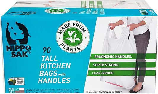 Hippo Sak - Plant Based Tall Kitchen Garbage Bags with Ergonomic Handles - 13 Gallon Trash Bags - Recyclable & Eco Friendly - Super Strong and Leak Proof Tall Kitchen Trash Bags (90 Count)