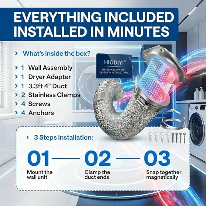 Magnetic Dryer Vent Connector Kit with Quick Connect Dryer Vent Design for Tight Spaces & Apartments, Aerospace Aluminum Body, Strong Hold, Includes 3.3ft Hose & 2 Clamps