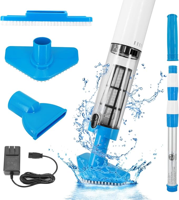 Handheld Pool Vacuum with Telescopic Pole, 3 in 1 Cordless Rechargeable Pool Vacuum, Over 100 Mins Running Time, Deep Cleaning for Above & In-ground Pools, Hot Tubs, Spas