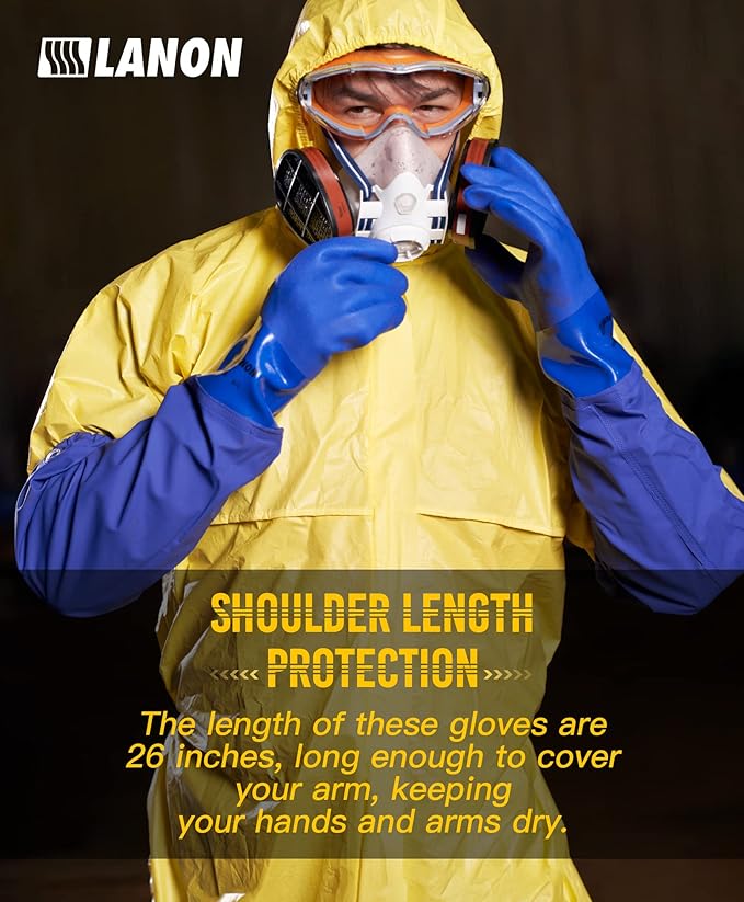 LANON 2 Pairs 26" Elbow Length PVC Chemical Resistant Gloves, Heavy-Duty Long Rubber Gloves, Acid, Alkali & Oil Protection, XL