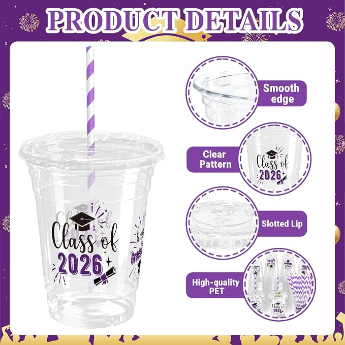 50 Pack Graduation Plastic Cups with Lids Straws 12 oz Purple Disposable Class of 2026 Decorations Graduation Party Favor Drinking Beverage Cup for Party Supplies Decorations