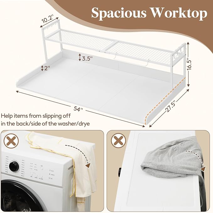 Lifewit Washer Dryer Countertop with Adjustable Shelf, Melamine Cover for The Top with Edge Rails, Towel Rack for Laundry Room Storage and Organization, Hold 200lbs, White, 54" x 27.5"