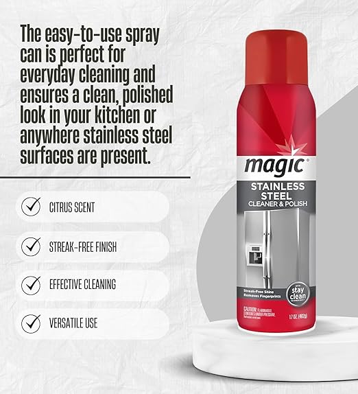 6x Stainless Steel Cleaner 17oz by Magic – Polish Wipes Bundle with Microfiber Towel – Foaming Formula Clings to Surfaces, Easy Application for Shiny Stainless – Gift Set (7 Items)