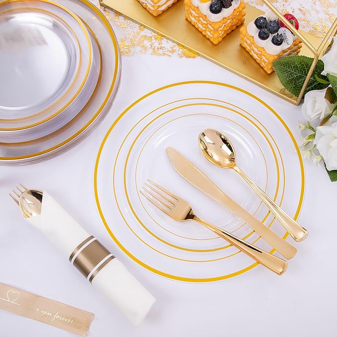 WELLIFE 210PCS Clear-Gold Plastic Plates - Dinnerware Sets for 30 Guests - 60 Disposable Plates, 90 Plastic Silverware, 30 Cups, 30 Napkins for Party