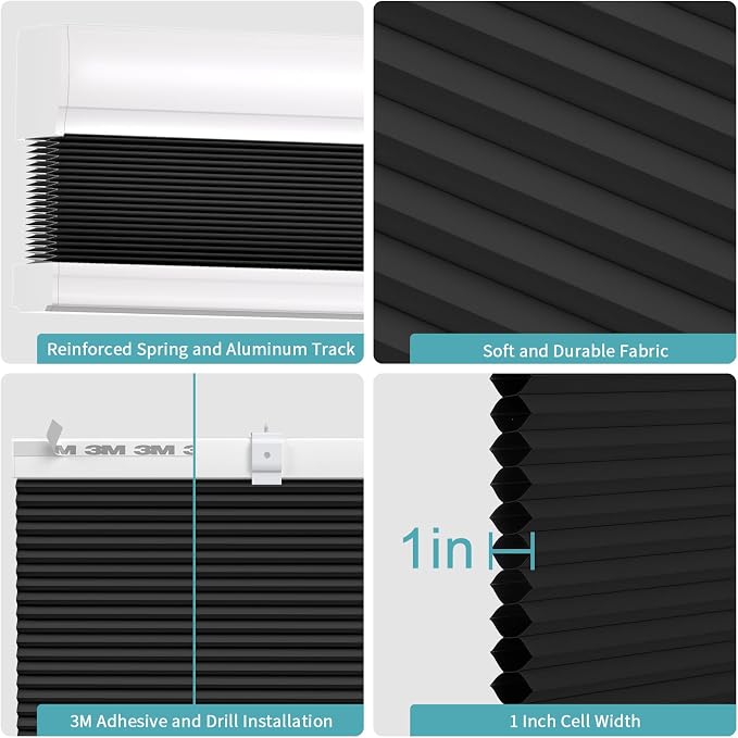 MYshade Cordless Cellular Window Shades No Tools No Drill Blackout Blinds for Indoor Windows Size 29.5" Wide X 72" Height Black Room Darkening Window Blinds for Bedroom, Bathroom, Kitchen