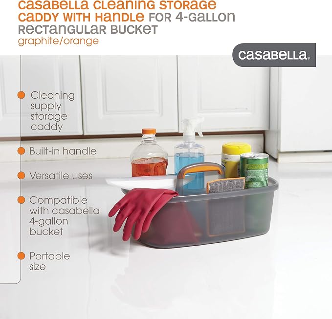 Casabella Plastic Multipurpose Cleaning Storage Caddy with Handle, 1.85 Gallon, Gray and Orange & Plastic Rectangular Cleaning Bucket with Handle, Clear, 4 Gallon