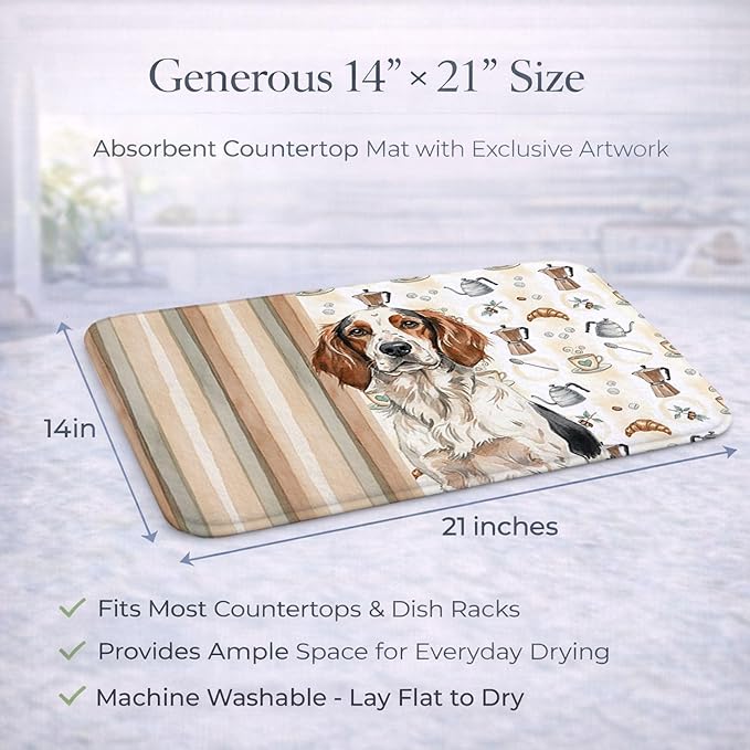 Caroline's Treasures Tricolor English Setter Coffee Bar Dish Drying Mat Absorbent Dish Drying Mat Pad for Kitchen Counter Dish Drainer Mat for Countertop, 14 x 21", Multicolor
