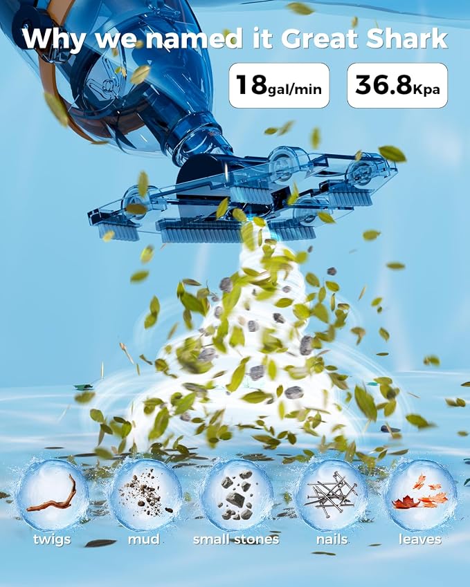 Great Shark Cordless Pool Vacuum with Remote Power Switch, 1.8m Telescopic Pole, 75 Min Runtime, 18 GPM Suction, Handheld Pool Vacuum for Above Ground & Inground Pools, Spa & Hot Tub