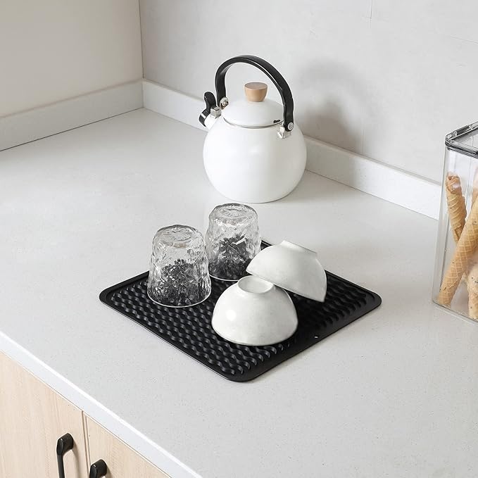 MicoYang Silicone Dish Drying Mat for Multiple Usage,Easy clean,Eco-friendly,Heat-resistant Silicone Mat for Kitchen Counter or Sink,Refrigerator or Drawer liner Black M 12 inches x 12 inches