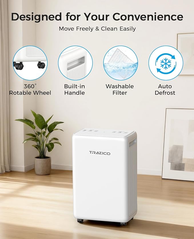 Trazico 30 Pint Dehumidifier for Basement with Drain Hose Up to 2000 Sq.Ft | Quiet Dehumidifiers for Home Large Room Bedroom Bathroom, Intelligent Humidistat, 3 Modes, 24H Timer, Auto Defrost
