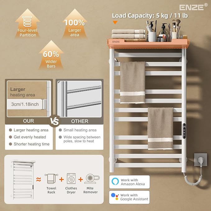 ENZE Smart Heated Towel Rack, 11-Bar Wall-Mounted Electric Towel Warmer with Shelf, Wi-Fi App Control, Adjustable Temperature & 24H Timer, Low Carbon Steel, IPX5, Plug-in/Hardwired, White