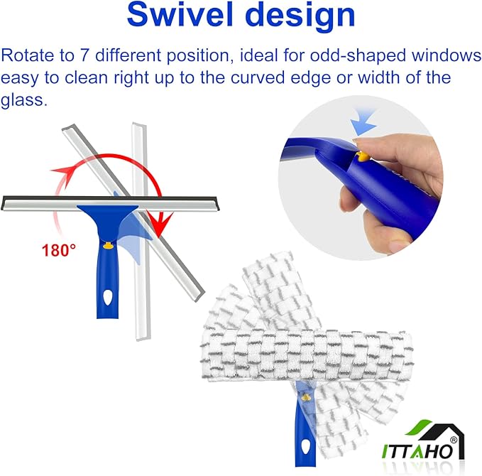 ITTAHO Window Squeegee Cleaner Tool,Window Cleaning Kit with Extension Pole,12" Squeegee and 11" Microfiber Scrubber Combi,Window Washing Equipment for Car, Indoor,Outdoor, High Windows-2 Pads