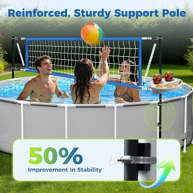 Above Ground Pool Volleyball Net Set with Storage Tray – Adjustable 10-20FT Anti-Sag Net, Poles, Ball & Installation Accessories – Fun Outdoor Swimming Water Games for Kids Adults Family