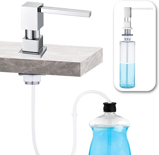 Dish Soap Dispenser Built in Sink Square Pump with 47'' Long Tube, Chrome Brass Pump Head for Kitchen Sink with 17 oz Bottle