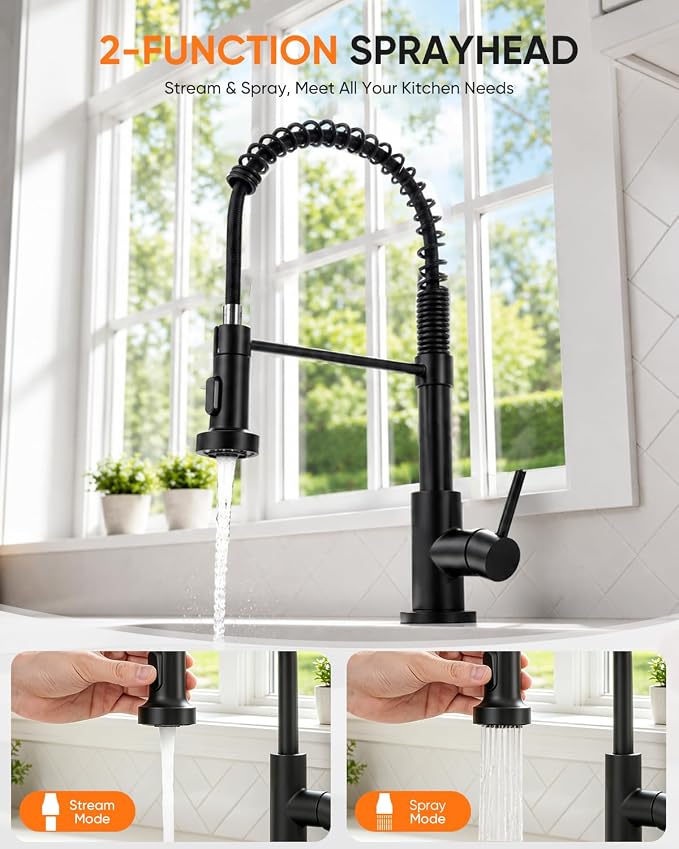 Black Kitchen Faucet with Pull Down Sprayer, Stainless Steel Single Handle Pull Out Kitchen Sink Faucets for Pot Filler, Farmhouse Camper Bar Laundry Room