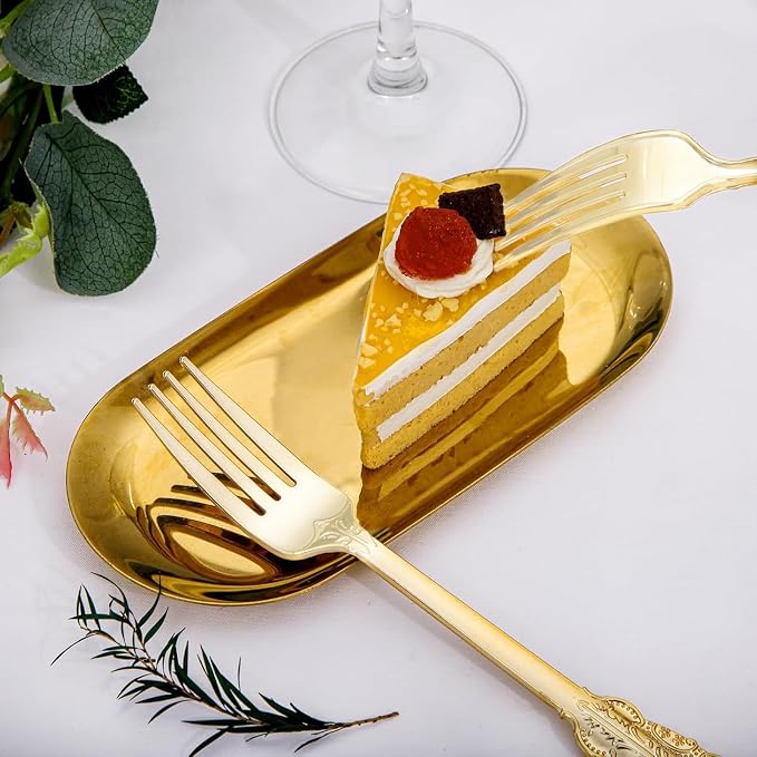 WDF 100 Piece Gold Forks Disposable - 7.48 Inch Gold Plastic Forks - Baroque Plastic Silverware for Dessert Cake - Heavy Duty for Party Wedding Daily Using Baby Shower Spring