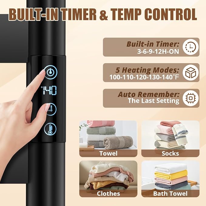 R FLORY Heated Towel Rack for Bathroom, 6 Bar Wall Mounted Towel Warmer Rack Flat with Timer & Temperature, Electric Towel Heater with LED Display Screen, Plug-in,Matte Black